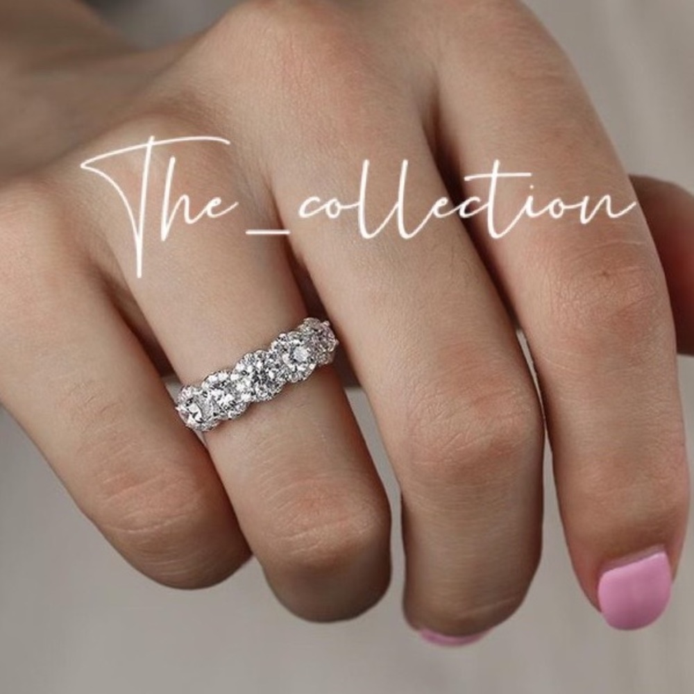 HALO FIVE STONE DIAMOND STERLING SILVER RING - Picture 2 of 5